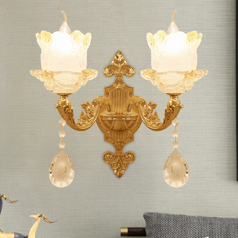 Brass Wall Mount Sconce With Scrolled Arms Glass Blossom Shade And Crystal Accents 2 /