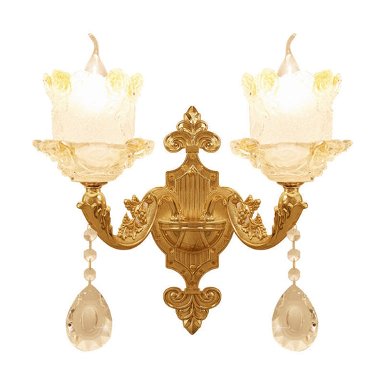 Brass Wall Mount Sconce With Scrolled Arms Glass Blossom Shade And Crystal Accents