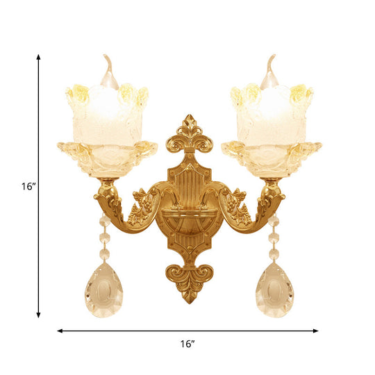 Brass Wall Mount Sconce With Scrolled Arms Glass Blossom Shade And Crystal Accents