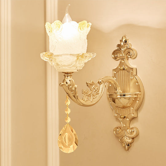 Brass Wall Mount Sconce With Scrolled Arms Glass Blossom Shade And Crystal Accents 1 /