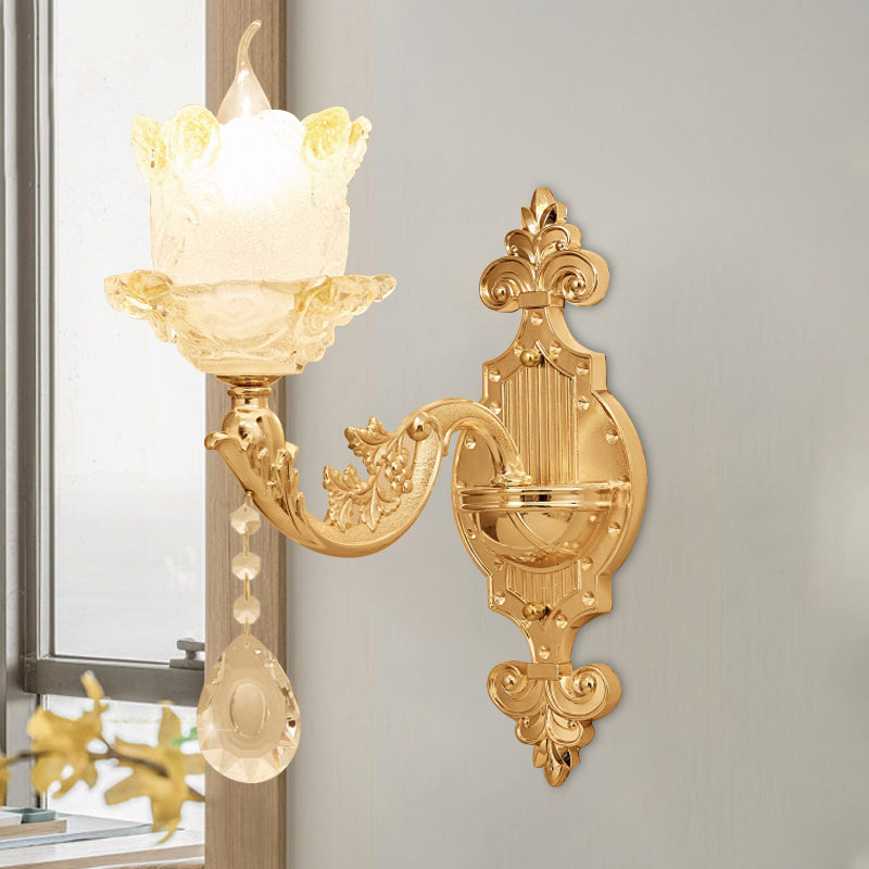 Brass Wall Mount Sconce With Scrolled Arms Glass Blossom Shade And Crystal Accents