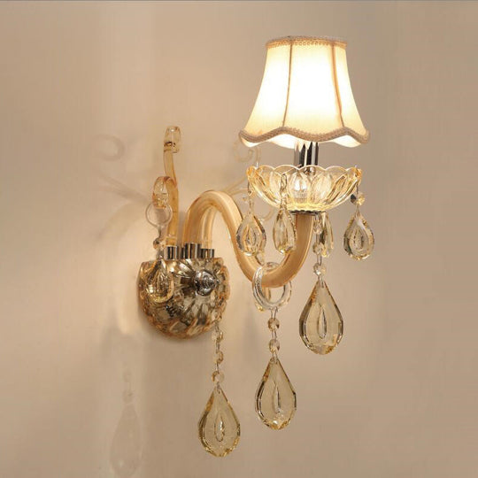Traditional Champagne Crystal Wall Sconce With Swirled Arm Flared Fabric Shade And 1/2-Head Design