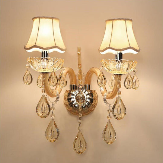 Traditional Champagne Crystal Wall Sconce With Swirled Arm Flared Fabric Shade And 1/2-Head Design