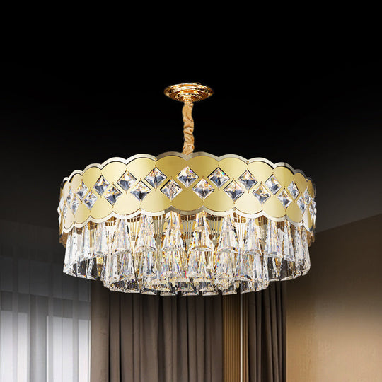 Modern 9-Head Drum Chandelier With Gold Finish Clear Crystal Drops - Great Room Pendant Lighting