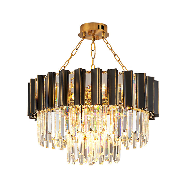 Lustre de chambre conique moderne au fini noir avec prismes en cristal clair - Kit de lampe suspendue à 9 têtes