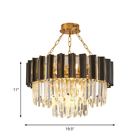 Lustre de chambre conique moderne au fini noir avec prismes en cristal clair - Kit de lampe suspendue à 9 têtes