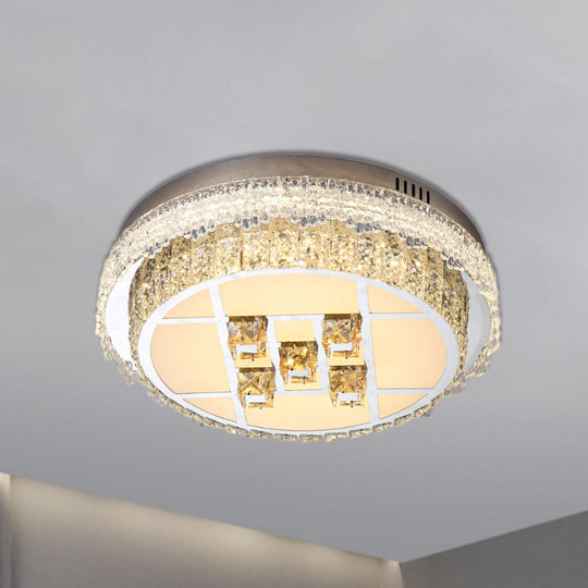 Contemporary Led Bedroom Lighting Fixture - Stainless Steel Flush Mount With Circular Crystal Blocks