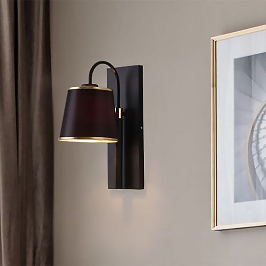 Stylish Vintage Black Fabric Wall Sconce With Gooseneck Arm - 1-Light Tapered Bedroom Lighting