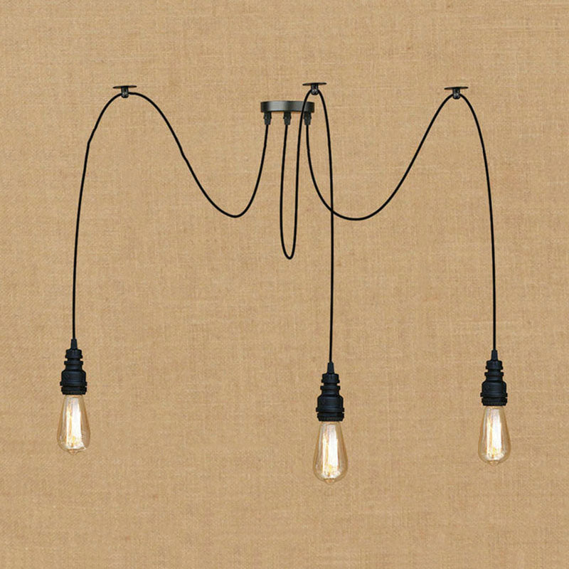 Industrial Swag Hanging Lamp With Exposed Bulb - Black Metal Pendant Light (2/3 Heads)