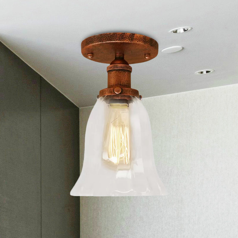 Industrial Flared Glass Semi Flush Mount Light With Clear Bulb In Black/Bronze/Copper