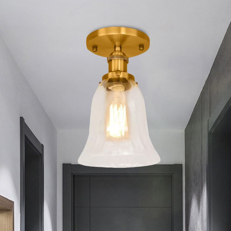 Industrial Flared Glass Semi Flush Mount Light With Clear Bulb In Black/Bronze/Copper