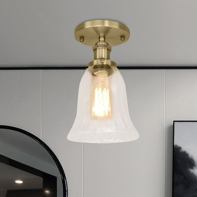 Industrial Flared Glass Semi Flush Mount Light With Clear Bulb In Black/Bronze/Copper