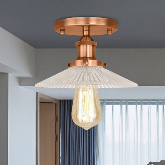 Semi Mount Ribbed Glass Cone Ceiling Light In Black/Brass/Copper - Industrial Style For Living Room