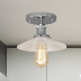 Semi Mount Ribbed Glass Cone Ceiling Light In Black/Brass/Copper - Industrial Style For Living Room