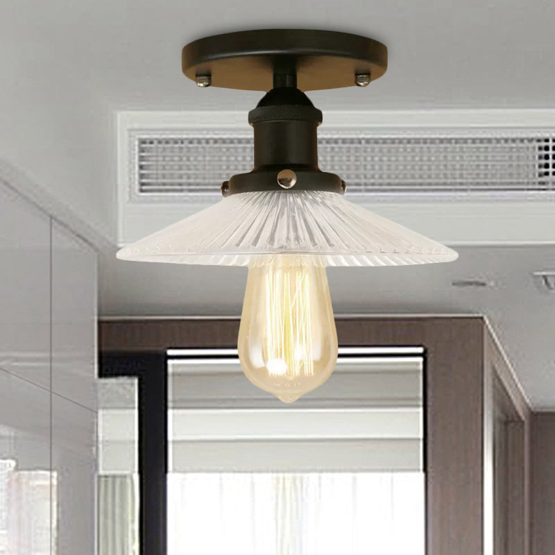 Semi Mount Ribbed Glass Cone Ceiling Light In Black/Brass/Copper - Industrial Style For Living Room