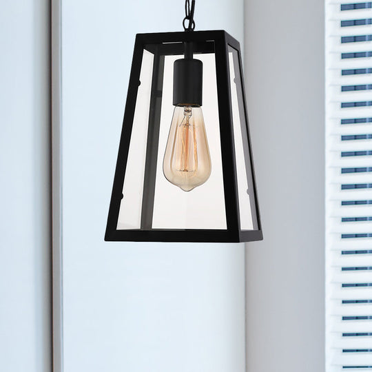 Industrial Trapezoid Pendant Light With Clear Glass & Black Finish 7’/12’ Wide