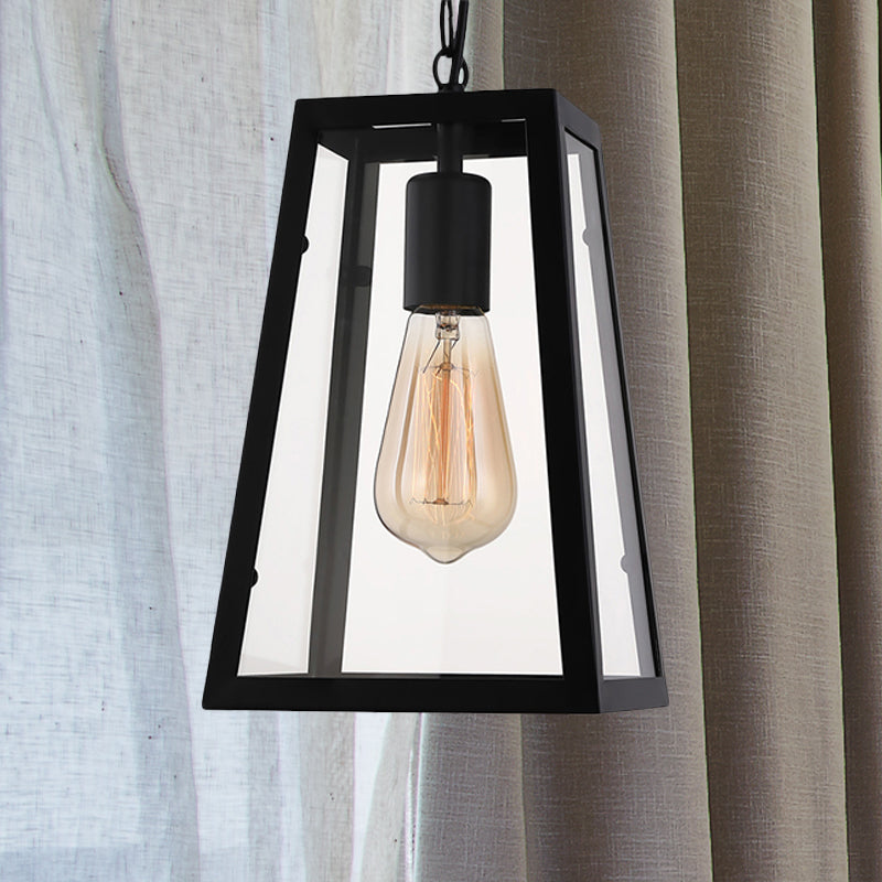 Industrial Trapezoid Pendant Light With Clear Glass & Black Finish 7’/12’ Wide