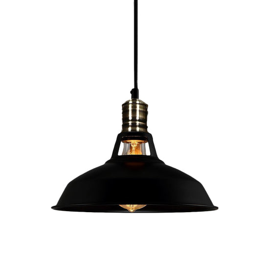 1-Head Barn Pendant Lighting - Industrial Black/White Metallic Suspension Light 10.5/12/15 Inch Dia