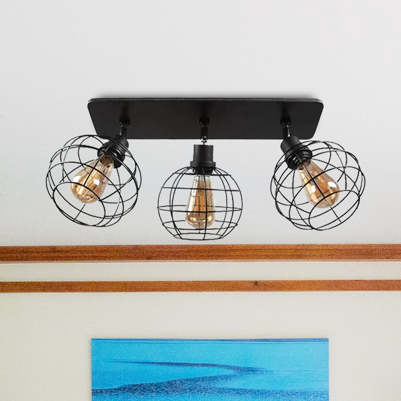 Black Metal Rotatable Ceiling Light Fixture For Restaurant - Industrial Semi Flush Mount Cage