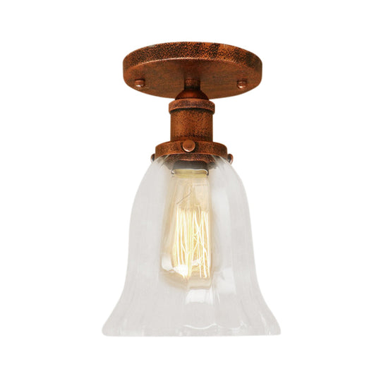 Industrial Flared Glass Semi Flush Mount Light With Clear Bulb In Black/Bronze/Copper