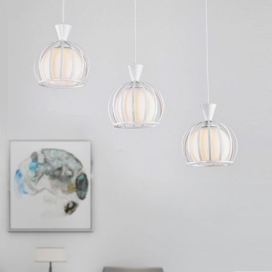 Metal Dome Cage Pendant With Milk Glass Shade - Retro Style 3-Bulb Hanging Light Indoor Black/White