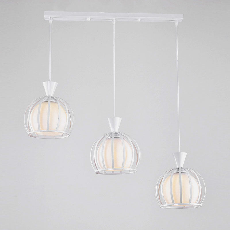 Retro Metal Dome Cage Pendant Light With Milk Glass Shade - 3 Bulb Indoor Hanging Fixture In