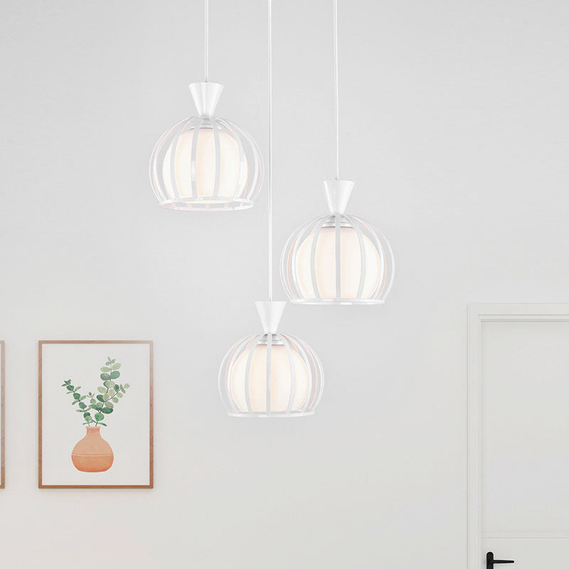Metal Dome Cage Pendant With Milk Glass Shade - Retro Style 3-Bulb Hanging Light Indoor Black/White