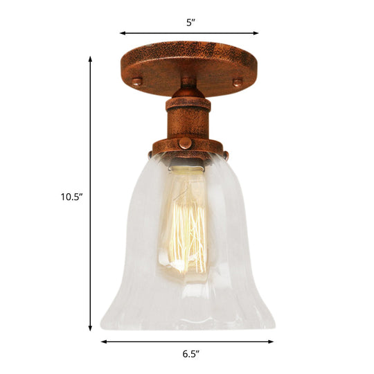 Industrial Flared Glass Semi Flush Mount Light With Clear Bulb In Black/Bronze/Copper