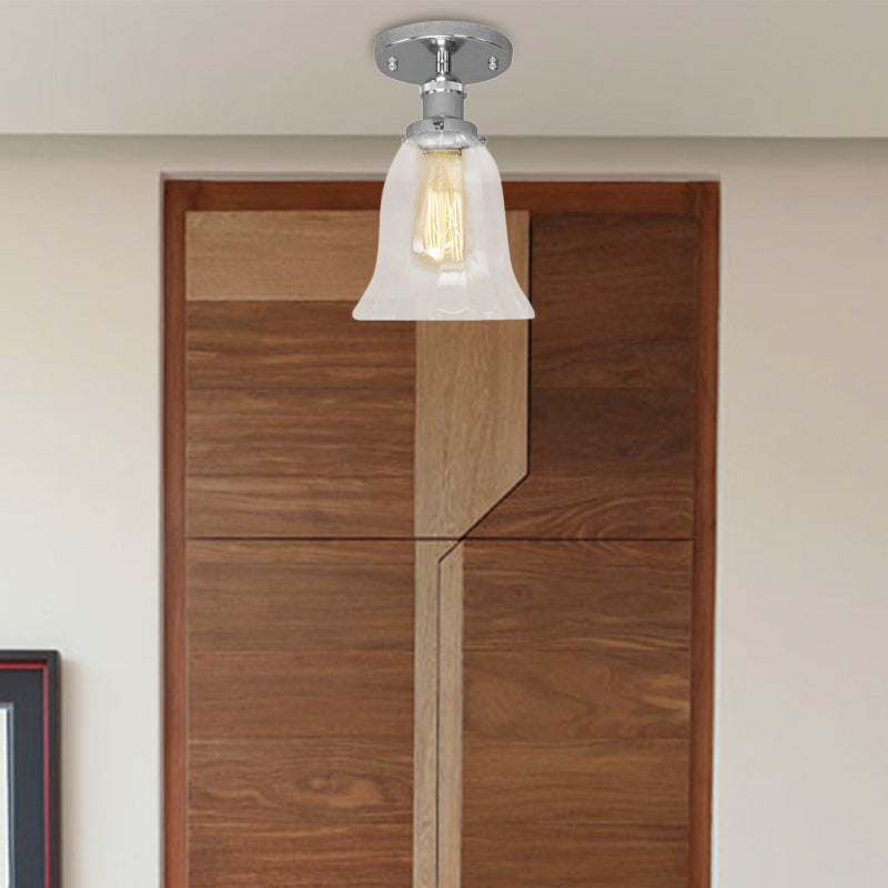 Industrial Flared Glass Semi Flush Mount Light With Clear Bulb In Black/Bronze/Copper Chrome