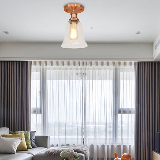 Industrial Flared Glass Semi Flush Mount Light With Clear Bulb In Black/Bronze/Copper Copper