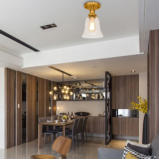 Industrial Flared Glass Semi Flush Mount Light With Clear Bulb In Black/Bronze/Copper Brass