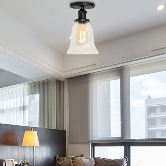 Industrial Flared Glass Semi Flush Mount Light With Clear Bulb In Black/Bronze/Copper Black