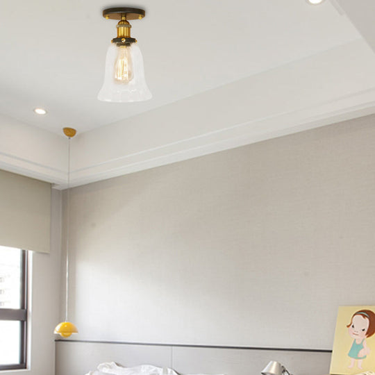 Industrial Flared Glass Semi Flush Mount Light With Clear Bulb In Black/Bronze/Copper Satin Brass