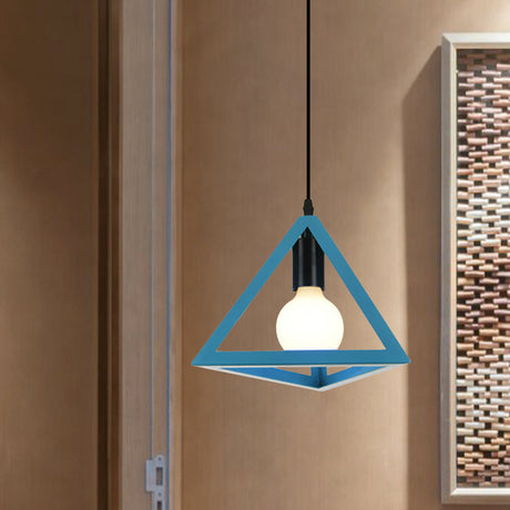 Retro Stylish Metal Hanging Lamp With Colorful Triangle Cage Shade Pendant Lighting For Living Room