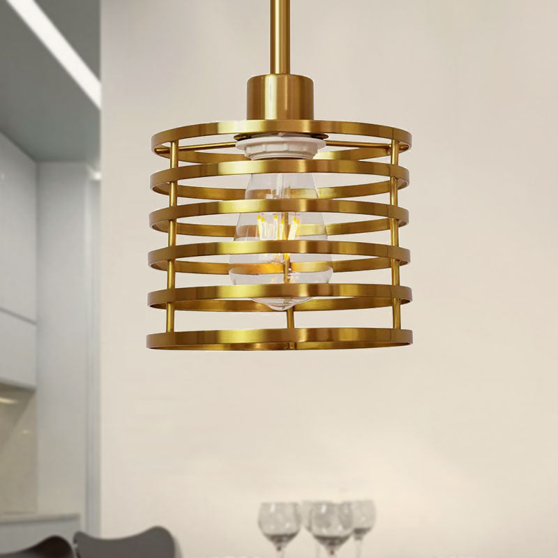 Vintage Wire Cage Pendant Light With Cylindrical Shade - Single Bulb Metallic Finish (Black/Brass)