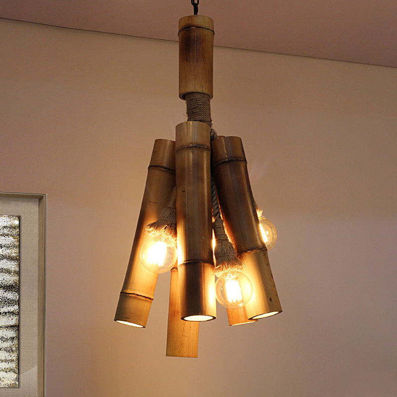 Industrial Beige Wood Tube Hanging Lamp: Charming Three-Light Chandelier For Restaurants & Bedrooms