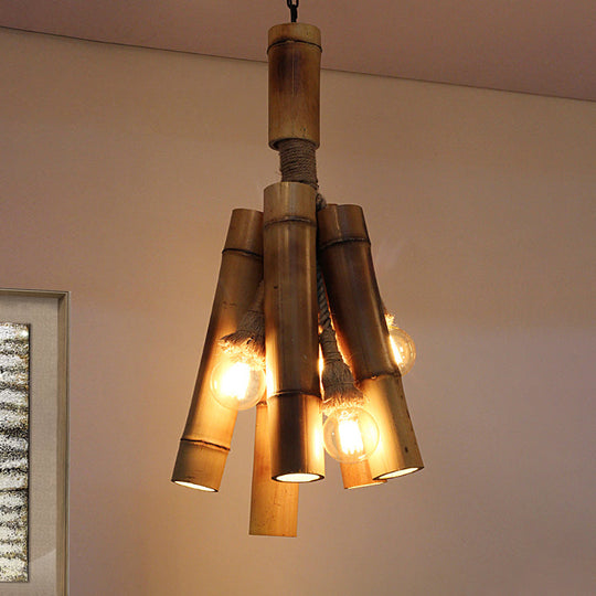 Industrial Beige Wood Tube Hanging Lamp: Charming Three-Light Chandelier For Restaurants & Bedrooms