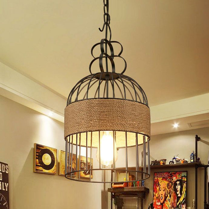 Black Metal & Rope Bird Cage Pendant Lamp For Restaurants