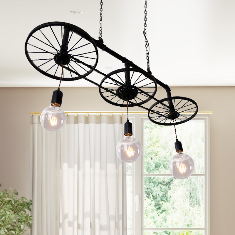 Vintage Industrial Black Island Light With Wrought Iron Wheel Design For Living Room