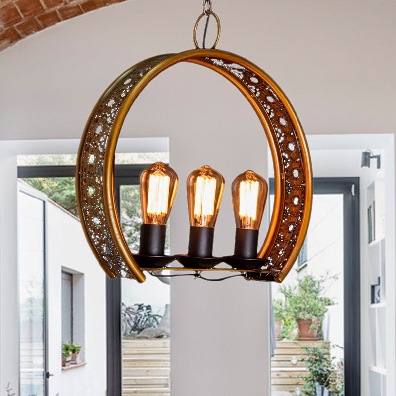 Metal Hanging Light: Brass Industrial Chandeliers - Bare Bulb 3-Light For Living Room