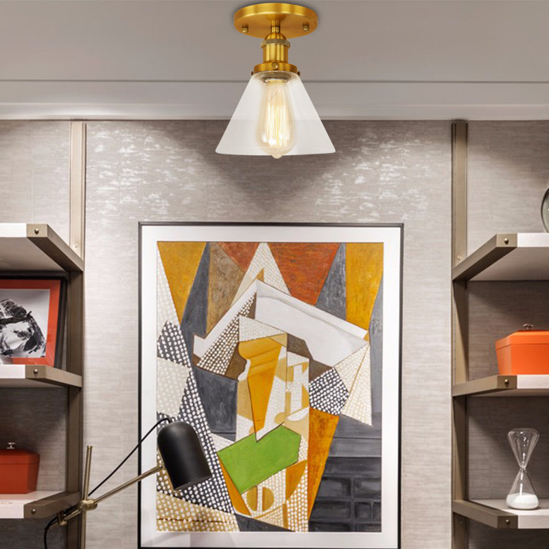 Industrial Clear Glass Ceiling Light In Black/Brass/Copper - Single Bulb Semi Flush Mount Brass