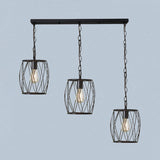 Industrial Black Hanging Lamp With 3 Bulbs And Stylish Metal Lantern Cage Shade - Foyer Suspension