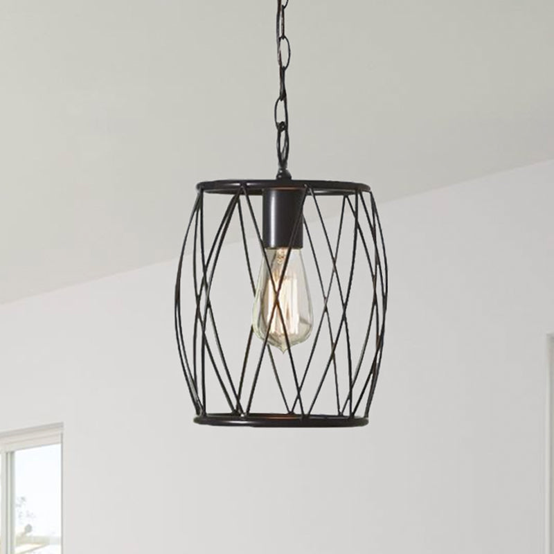 Industrial Metal Pendant Lamp With Black Wire Guard - 1 Bulb Cylinder Shade For Dining Room