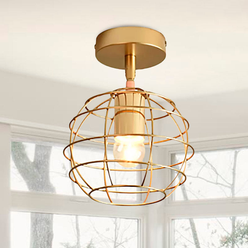 Triangle Brass Semi - Flush Bedroom Ceiling Lamp With Industrial Wire Frame