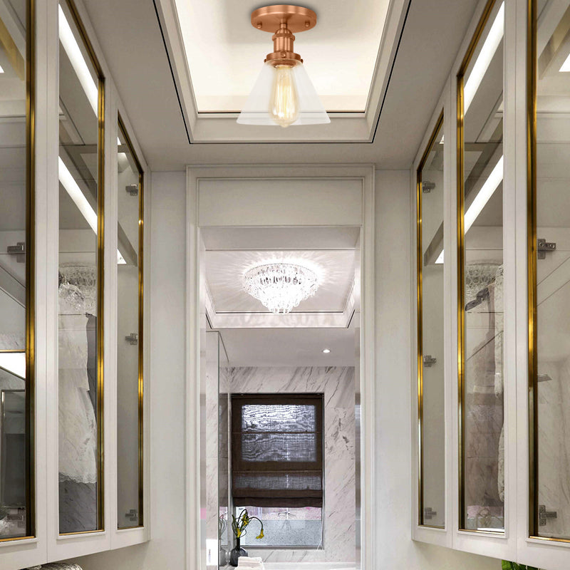 Industrial Clear Glass Ceiling Light In Black/Brass/Copper - Single Bulb Semi Flush Mount Copper