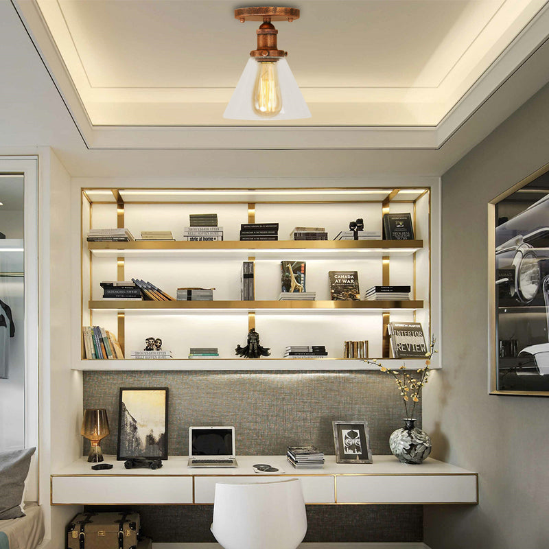 Industrial Clear Glass Ceiling Light In Black/Brass/Copper - Single Bulb Semi Flush Mount Rust