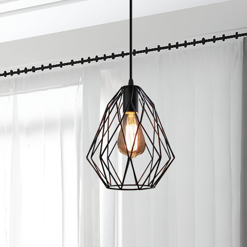 Industrial Diamond Cage Pendant Light In Black Finish - Perfect For Dining Room Ceilings