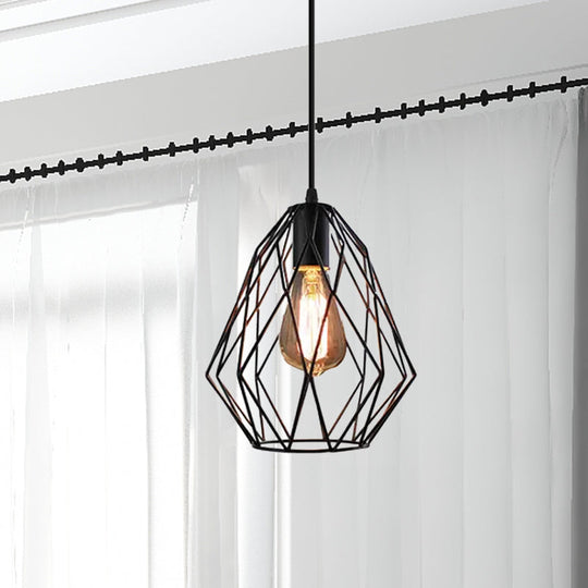 Industrial Diamond Cage Pendant Light In Black Finish - Perfect For Dining Room Ceilings