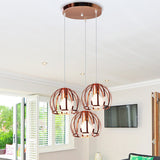 Industrial Copper Domed Metal Hanging Lamp With Wire Cage Shade - 3 Heads Ceiling Pendant For Living