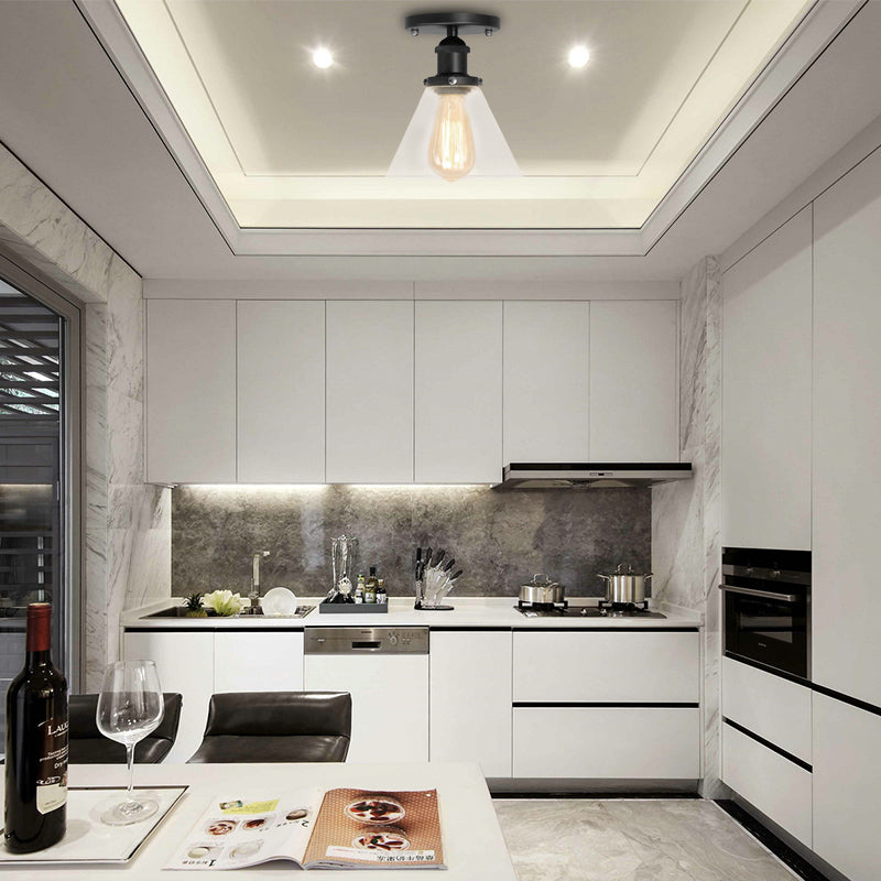 Industrial Clear Glass Ceiling Light In Black/Brass/Copper - Single Bulb Semi Flush Mount Black